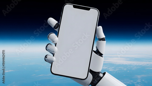 Robot Hand Holding Smartphone with White Mockup Screen Over Earth Background in Space.

