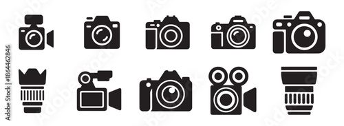 Professional Camera, Lens and Video Gear Icon Set for Photography UI