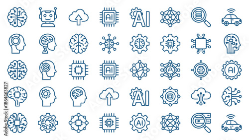 Artificial intelligence icon set representing machine learning, neural networks, automation, and smart digital systems