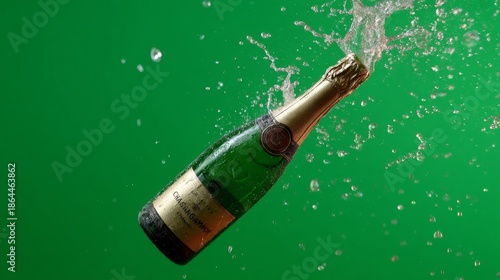 Champagne bottle popping in dynamic motion, isolated on flat green screen