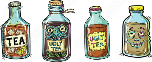 A whimsical illustration of unique bottles, contrasting refreshing tea with bizarre, monster-faced concoctions, offering an imaginative and peculiar design