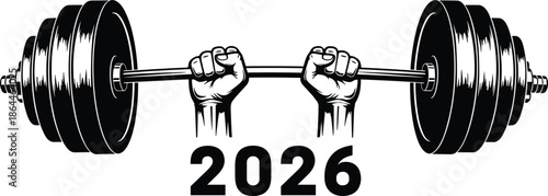 Hand lifting heavy barbell with year 2026 typography, fitness and strength motivation concept for new year, bodybuilding training vector illustration on white background