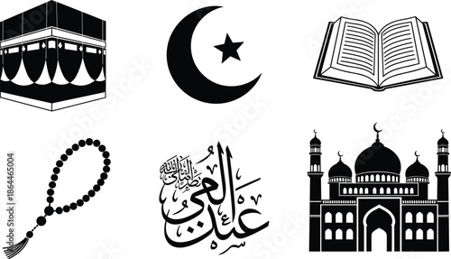Kaaba, crescent moon, Quran, prayer beads, mosque, Arabic calligraphy, Islamic symbols, religious icons, black silhouette design, flat vector