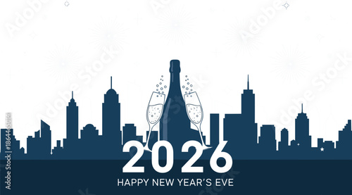 Happy New Year Eve 2026 celebration banner, cityscape skyline with fireworks, champagne bottle and glasses toasting festive party vector illustration on white background