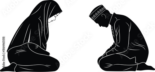  
Islamic prayer, kneeling figures, traditional attire, spiritual moment, devotion, silhouette design, cultural posture, religious practice, black illustration, flat vector