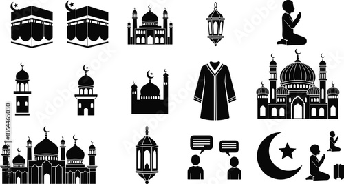 Islamic culture icons, Kaaba, mosque, crescent moon, prayer, lantern, robe, Quran, Ramadan, silhouette symbols, religion, flat vector