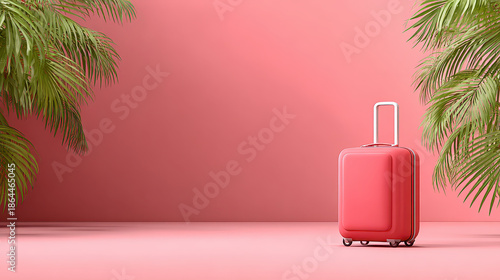 Pink travel suitcase on minimal tropical background with palm leaves and empty copy space evoking relaxed vacation mood