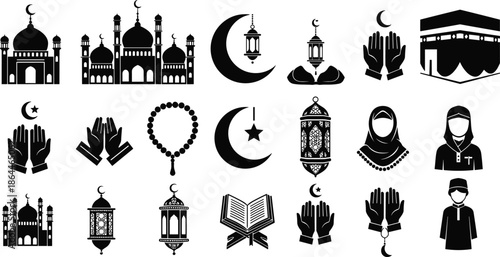 Islamic icons, mosque, Kaaba, crescent moon, tasbih, lantern, prayer hands, hijab figures, Quran, silhouette symbols, flat vector