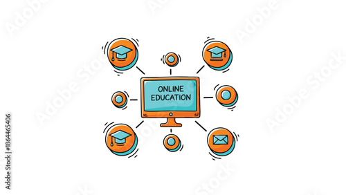 Online education platform displayed on a computer monitor surrounded by icons representing various aspects of digital learning