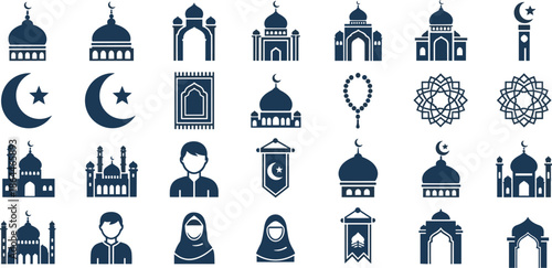 Islamic icons, mosque, crescent moon, prayer rug, tasbih, hijab figures, arches, patterns, religion symbols, culture, silhouette, flat vector