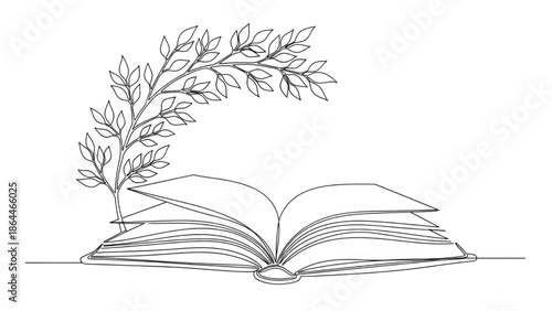 Open Book with Leaves Continuous Line Art Illustration