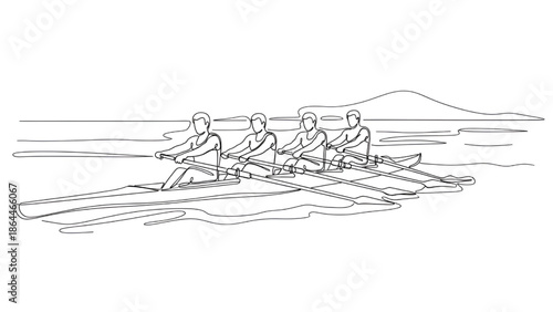 Rowing Team in Action on Calm Water, Continuous Line Art