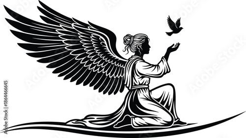   
Angel kneeling, wings spread, bird release, spiritual figure, peace, robe, divine moment, symbolic art, monochrome design, flat vector