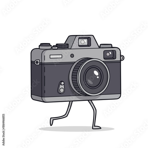 A playful cartoon illustration of a vintage camera with legs running energetically