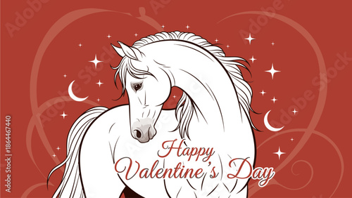 Illustration of a white horse with a Valentine's Day message on a red background with hearts and stars, conveying a festive mood.