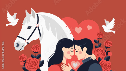 Illustration of a romantic couple kissing with a white horse, surrounded by roses and hearts on Valentine's Day, against a red background.