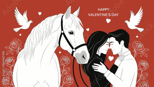 Illustration of a romantic couple kissing with a white horse on a red Valentine's Day background with roses and hearts.