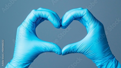 A close-up view of male hands creating a heart shape with blue medical gloves.