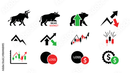 A collection of financial market icons depicting bull and bear symbols, stock charts, and loss indicators.