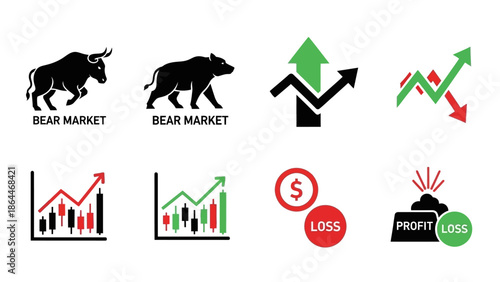 Collection of financial market icons including bull and bear symbols, stock charts, and profit/loss indicators.