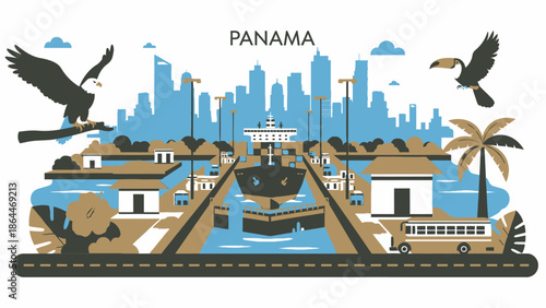 Panama Canal illustration with cityscape, cargo ship, eagle, toucan, and bus