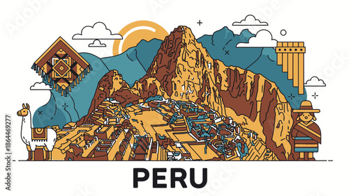 Peru Landmark Icons: Machu Picchu, Llama, Andean Culture, Panpipes, Sun