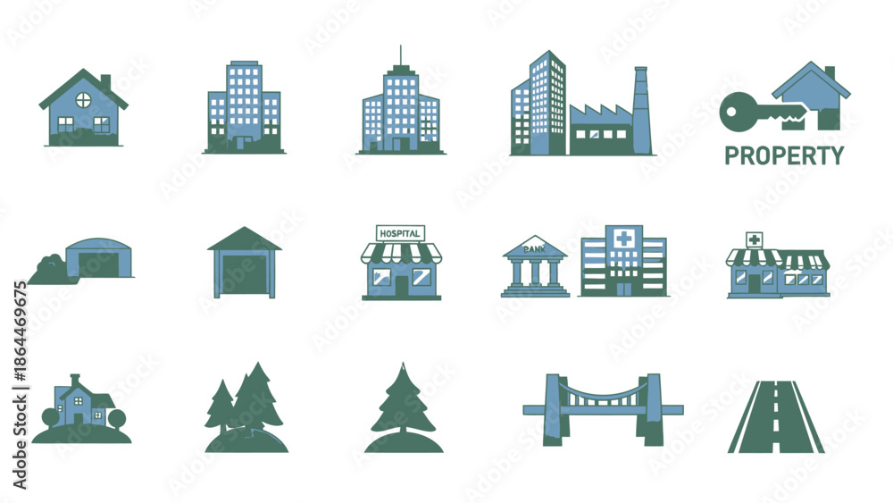 Fototapeta premium Real Estate Icons: Houses, Buildings, Property, Hospital, Factory, Bridge, Road