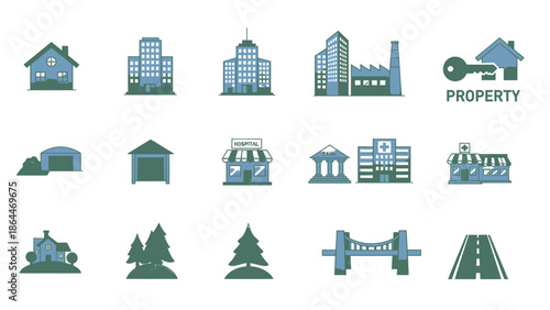 Real Estate Icons: Houses, Buildings, Property, Hospital, Factory, Bridge, Road