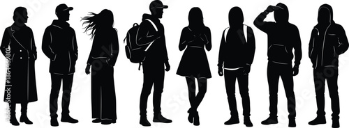 Seven walking silhouettes of pedestrians using smartphones and backpacks, one walking a dog, sequential motion study illustrating urban distraction and commuter behavior, vector