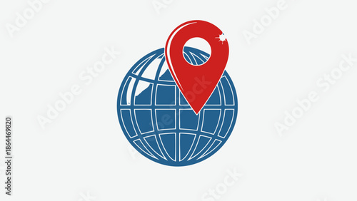 Red location pin on blue globe icon, global navigation and destination concept