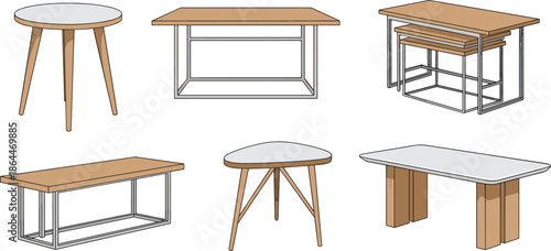 Table design illustration, modern furniture, wooden tables, white tops, coffee tables, console table, dining table, interior design, home decor