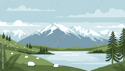 Serene Mountain Lake Landscape with Sheep and Snow-Capped Peaks
