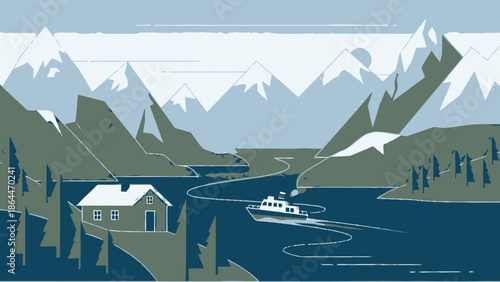 Serene Mountain Landscape with Boat and Cabin