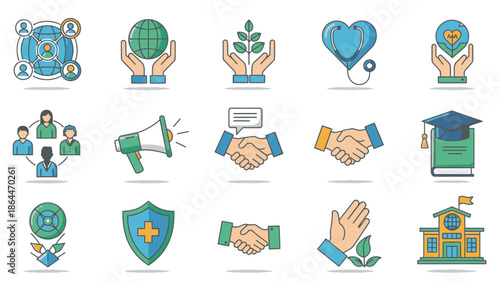Set of Flat Icons: Global Connection, Health, Growth, Education, Teamwork, Communication