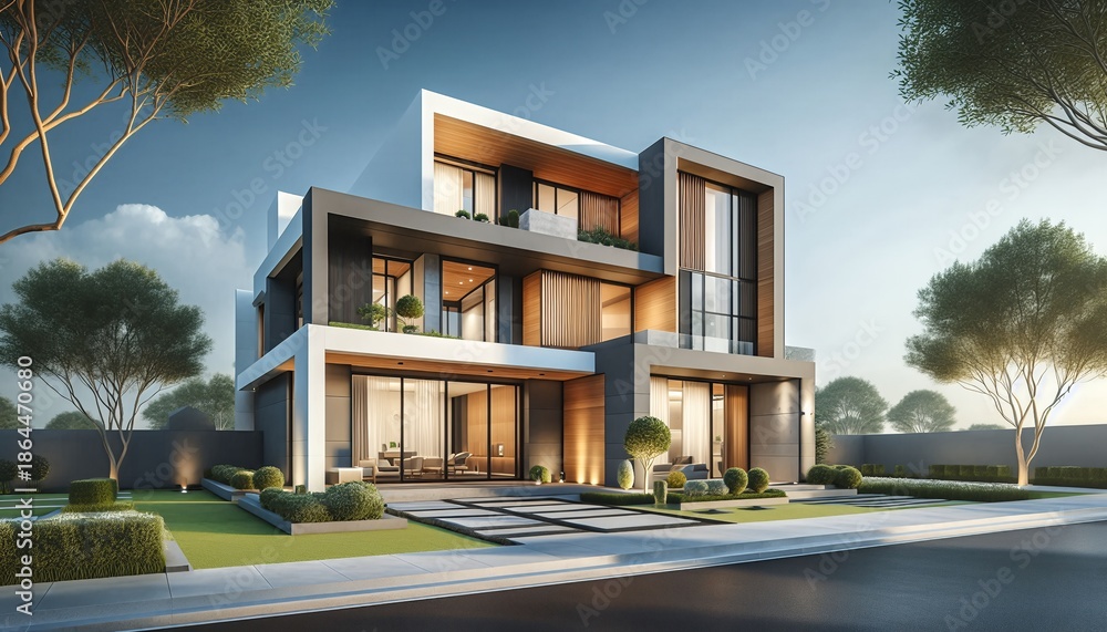 Fototapeta premium Modern multi-story house with large windows.