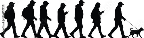 Seven walking silhouettes of youths with backpacks and caps, many using smartphones while walking, one walking a dog, sequential motion study vector