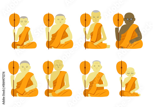 A collection of serene illustrations featuring Eight Thai Theravada Buddhist monks in orange robes, meditating, and holding a fan