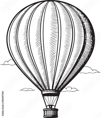 Hot Air Balloon in Sky Hand-drawn Sketch Drawing Vector Illustration, Line Linear Symbol Engraving Coloring Book, Black and White Isolated