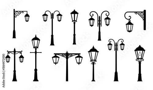 Vintage streetlights retro street lamp vector set isolated