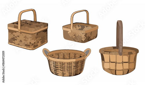 Cartoon handmade picnic baskets wicker rattan vector set