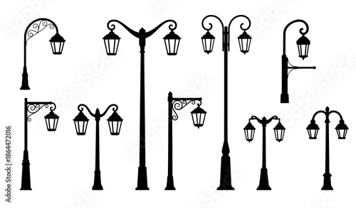 Antique streetlight icons vintage lamp flat vector set