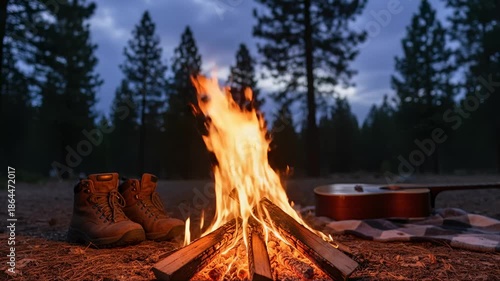 Campfire Burning Brightly in Woods With Boots and Guitar Beside