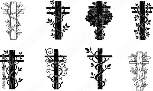 Black and white Christian cross vector icons set with ivy vines and leaves, religious faith symbols for baptism, easter and memorial.