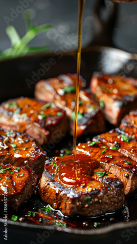 Juicy grilled beef steaks being drizzled with a rich, glossy sauce in a cast iron pan