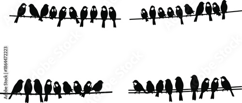 Black bird silhouettes sitting on electric wires, minimalist wildlife illustration, flying birds concept, isolated vector design on white background