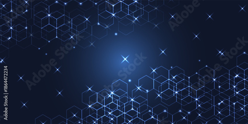 Abstract technology background with glowing hexagon grid and sparkling light dots, creating a futuristic digital design for technology and innovation themes.
