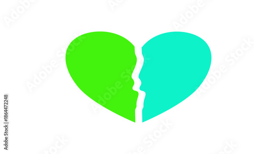 A broken heart in two contrasting colors green and blue symbolizing separation and sadness in a simple