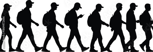 Seven walking youth silhouettes with backpacks and caps, sequential motion study showing smartphone use, walking posture progression, vector illustration for urban and education
