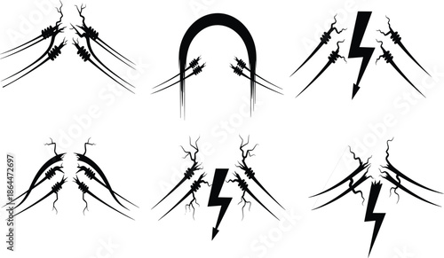 Black silhouette icons of broken electrical wires with lightning bolts, power line failure spark effects, industrial energy short circuit concept, safety.