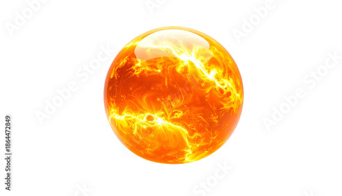 A vibrant, glowing sphere radiating intense heat and light against a stark black background. The orb displays dynamic, fiery patterns